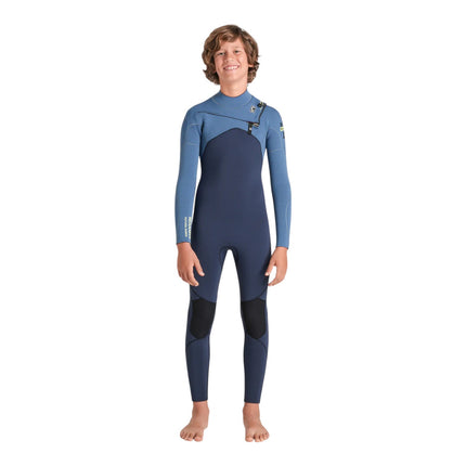 Natural High Surfshop junior C-Skins NuWave 4/3mm wetsuit in navy blue with blue sleeves and reinforced knees.