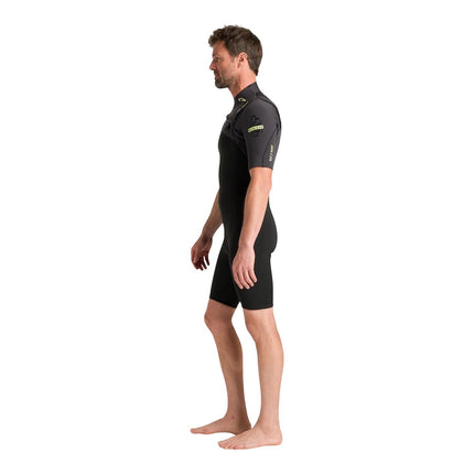 Natural High Surfshop men's black C-Skins NuWave shorty wetsuit with front zip and neon yellow accents.