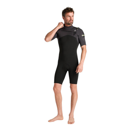 Natural High Surfshop men's black and grey shorty wetsuit with front zip and short sleeves.