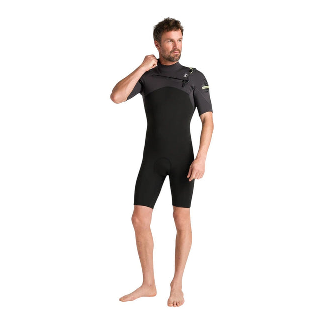 Natural High Surfshop men's black and grey shorty wetsuit with front zip and short sleeves.