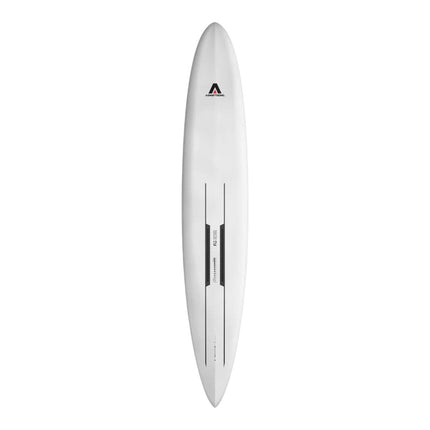 Natural High Surfshop Armstrong Downwind Ocean Foilboard, white, sleek design with black racing stripes and logo.