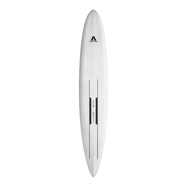 Natural High Surfshop Armstrong Downwind Ocean Foilboard, white, sleek design with black racing stripes and logo.