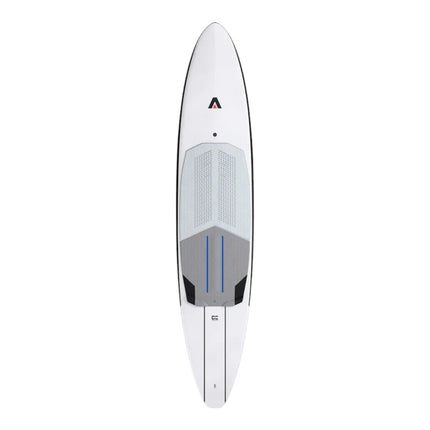 Natural High Surfshop Armstrong Downwind MK III foilboard, white with grey and blue traction pad. Designed for foiling.