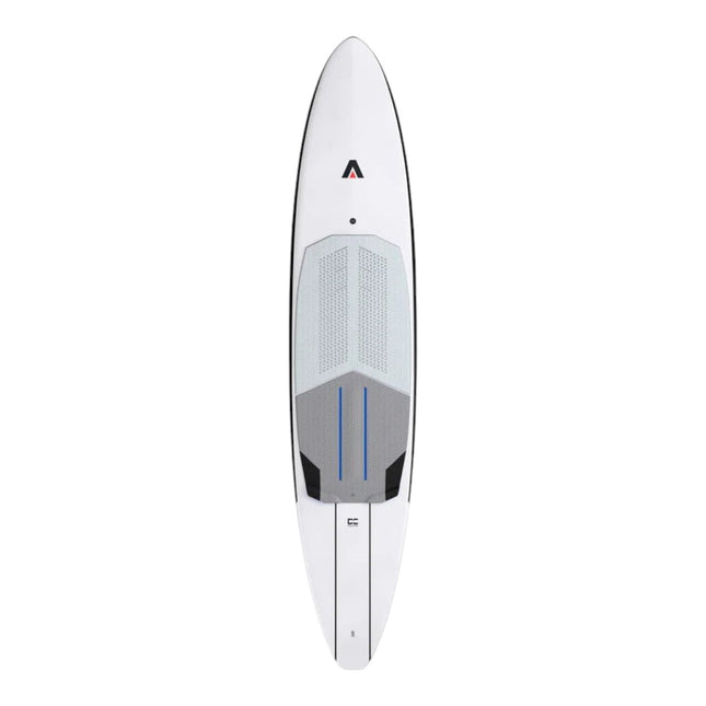 Natural High Surfshop Armstrong Downwind MK III foilboard, white with grey and blue traction pad. Designed for foiling.