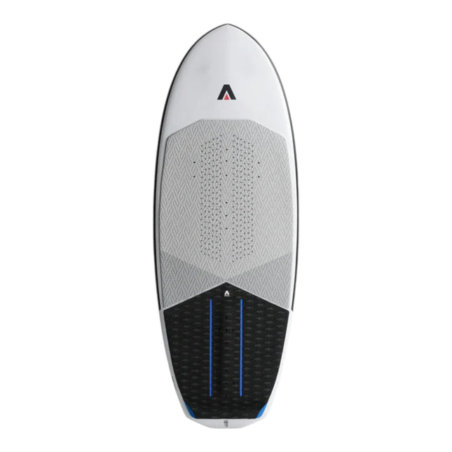 Natural High Surfshop Armstrong Noah Flegel Pro Foilboard, white with black and blue accents, designed for wake and tow foiling.