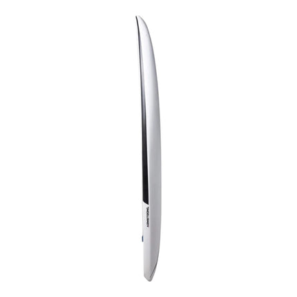 Natural High Surfshop Armstrong Midlength FG Foilboard, silver surfboard with black stripe detail.