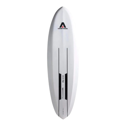 Natural High Surfshop Armstrong Midlength FG Foilboard, white with black racing stripes and foil track.