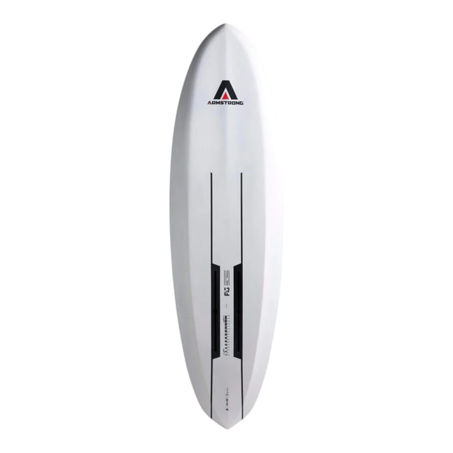 Natural High Surfshop Armstrong Midlength FG Foilboard, white with black racing stripes and foil track.
