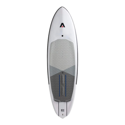 Natural High Surfshop Armstrong Midlength FG Foilboard with white deck, grey traction pad, and blue accents.