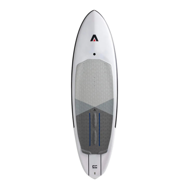 Natural High Surfshop Armstrong Midlength FG Foilboard with white deck, grey traction pad, and blue accents.
