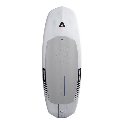Natural High Surfshop Armstrong Wing Board, white with grey traction pad and blue accents. Designed for wing foiling.