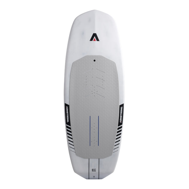 Natural High Surfshop Armstrong Wing Board, white with grey traction pad and blue accents. Designed for wing foiling.