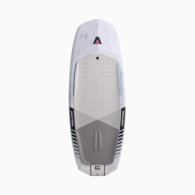 Natural High Surfshop Armstrong Wing FG Foilboard with white marble pattern, grey deck pad, and blue trim.
