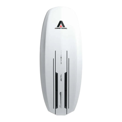 Natural High Surfshop Armstrong WKT Mk II white hydrofoil board with black graphics and rail savers.