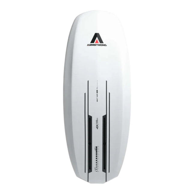Natural High Surfshop Armstrong WKT Mk II white hydrofoil board with black graphics and rail savers.