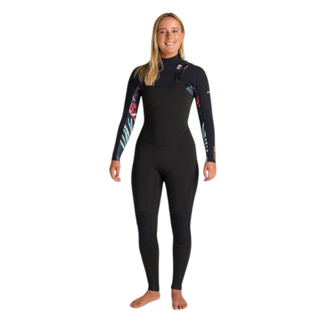 Natural High Surfshop C-Skins NuWave Solace 4/3 women's wetsuit with floral print sleeves and front zip.
