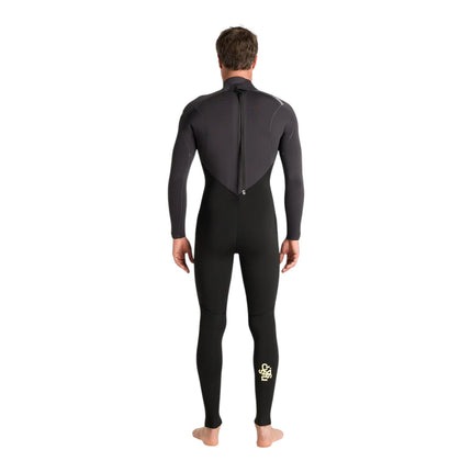 Natural High Surfshop men's dark grey and black 4/3mm neoprene wetsuit with back zip and yellow logo on calf.