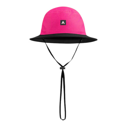 Natural High Surfshop Armstrong bucket hat in bright pink with a black brim and chin strap. Features a small black logo patch.