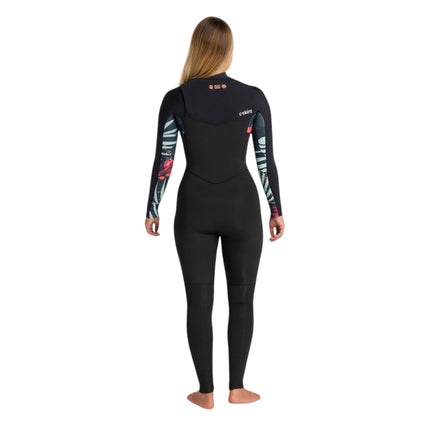 Natural High Surfshop C-Skins NuWave Solace 4/3 women's black wetsuit with floral print sleeves and front zip.